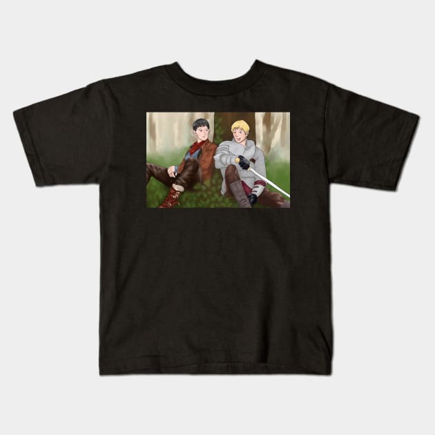 Merlin and Arthur Chilling Under a Tree Kids T-Shirt by alxandromeda